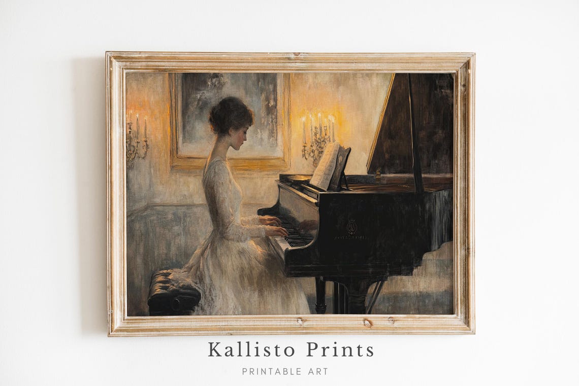 Woman Playing Grand Piano Candlelight Romantic Vintage Poster