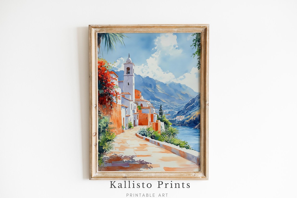 Mediterranean Village Bell Tower Lake Mountains Watercolor Wall Art