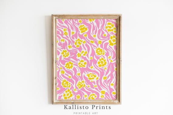 Artfukl Pink Floral Abstract Print Yellow Flower Pattern Modern Art Bold Retro Wall Decor Instant 1000