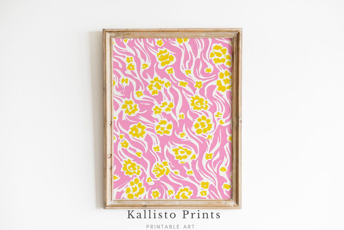 Pink Yellow Floral Abstract Pattern Retro Groovy Decor Poster