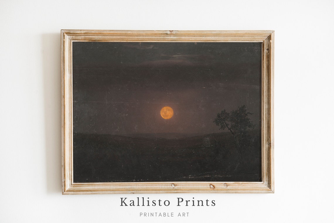 Vintage Full Moon Night Landscape Dark Sky Glowing Moonlight Poster