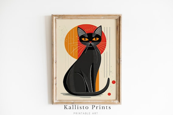 Mid Century Black Cat Retro Orange Sun Modern Illustration Poster