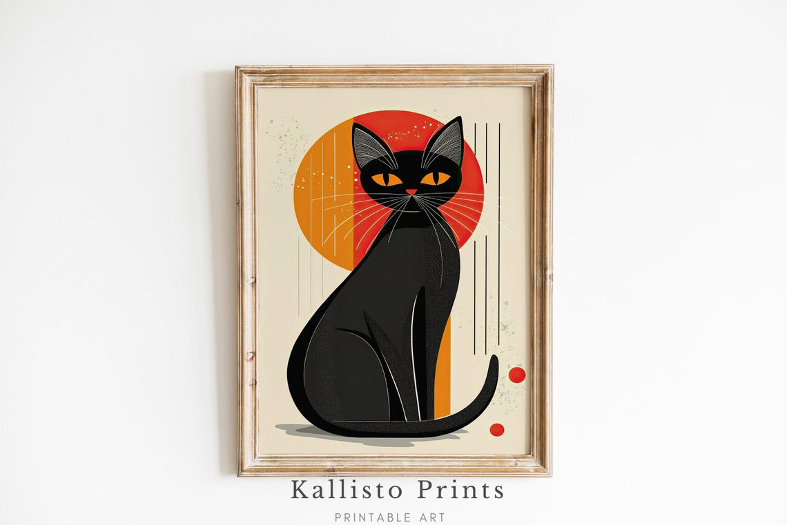 Mid Century Black Cat Retro Orange Sun Modern Illustration Poster