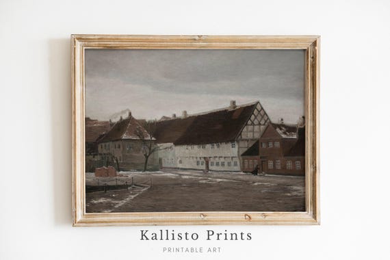 Warm Tone Village Painting Vintage Moody Print Downloadable201