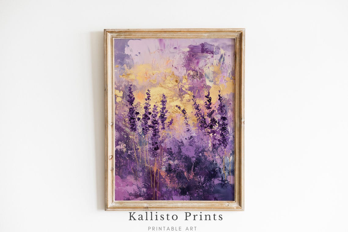 Purple Lavender Field Gold Abstract Textured Oil Painting Poster