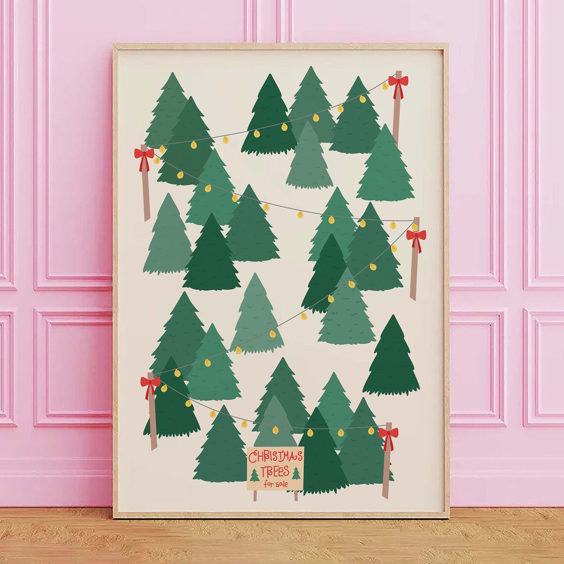 Christmas Tree Lot Festive Farm Sign String Lights Holiday Poster