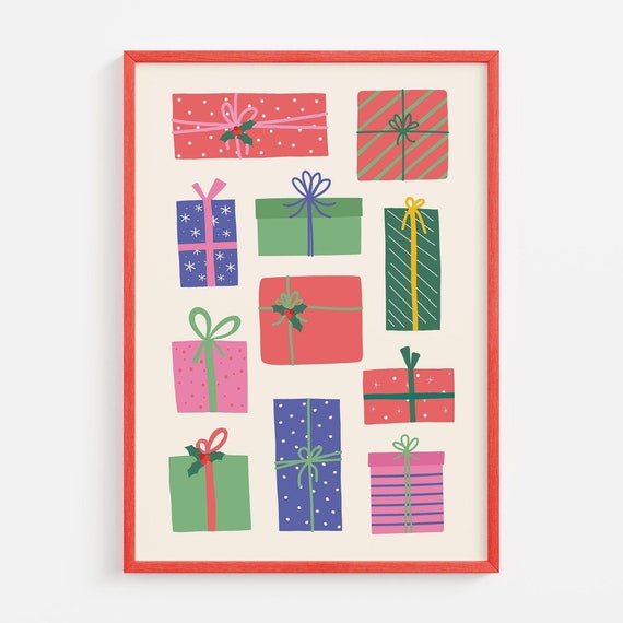 Christmas Presents Print Art Cute Colorful Christmas Decor Boho Holiday Wall Art Trendy Christmas Art Print