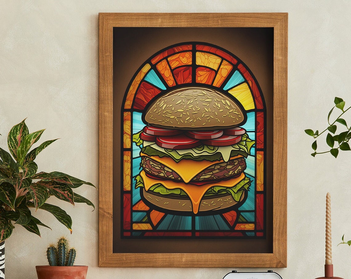 Stained Glass Cheeseburger Arched Window Fun Kitchen Art Print