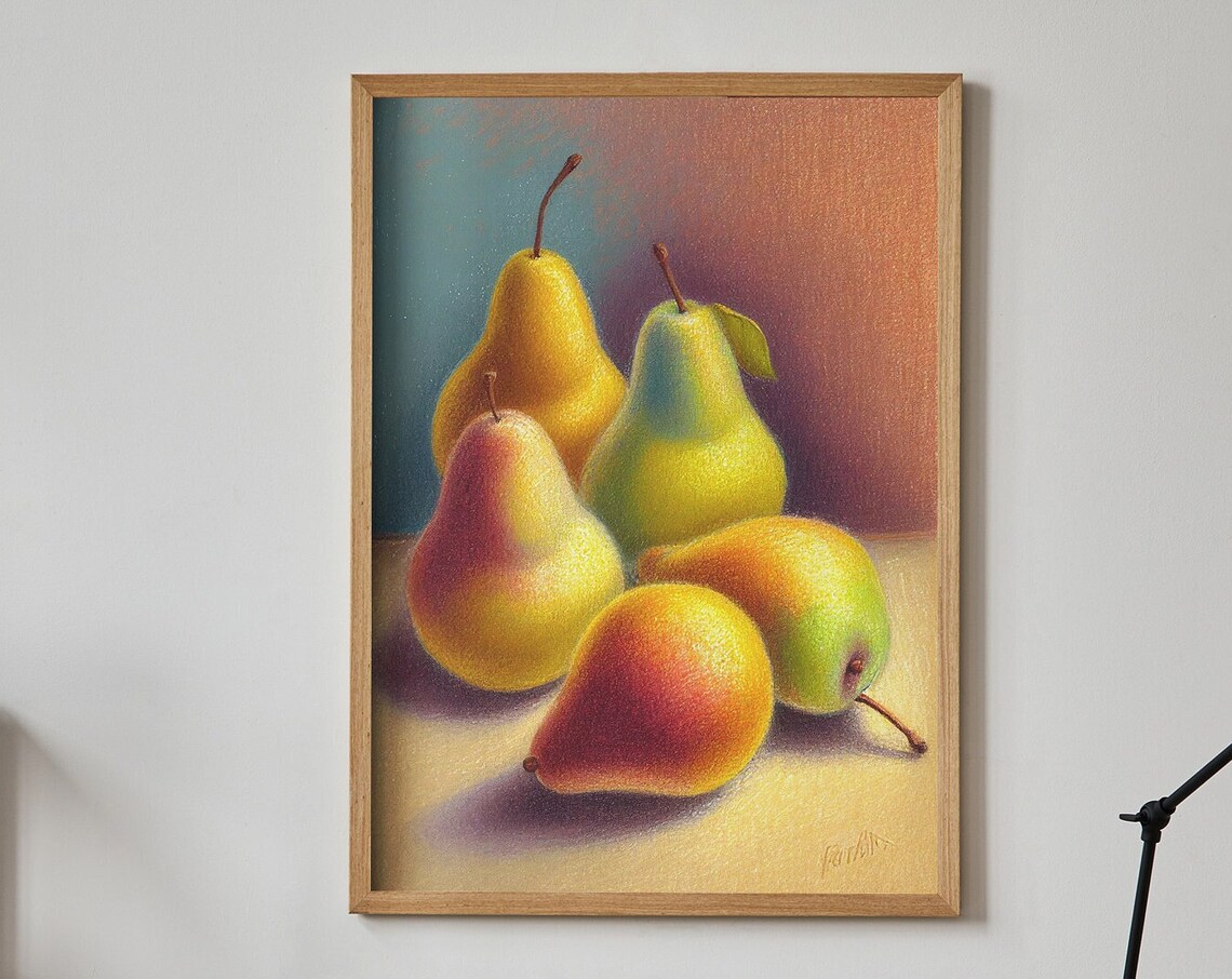 Ripe Pears Still Life Oil Pastel Fruit Kitchen Wall Decor Poster