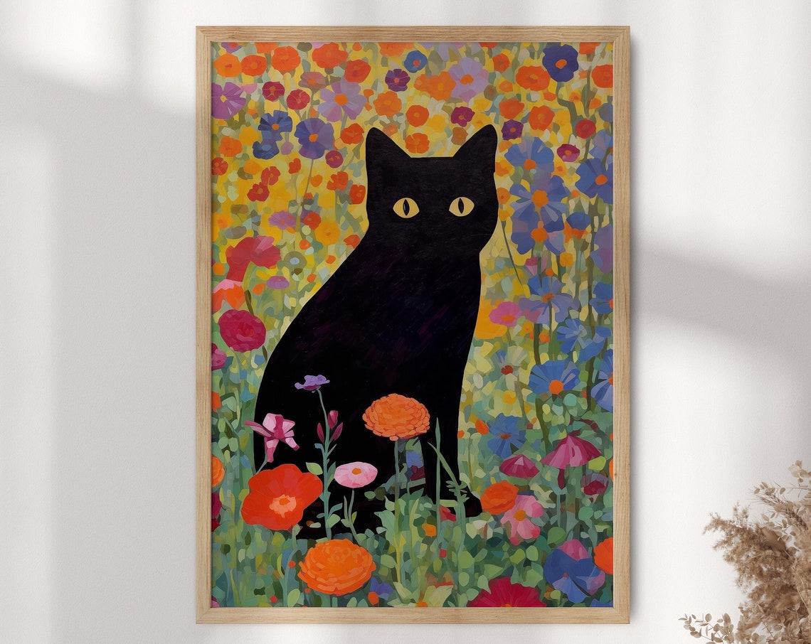 Black Cat In Colorful Flower Garden Gustav Klimt Inspired Art Poster - Image 2