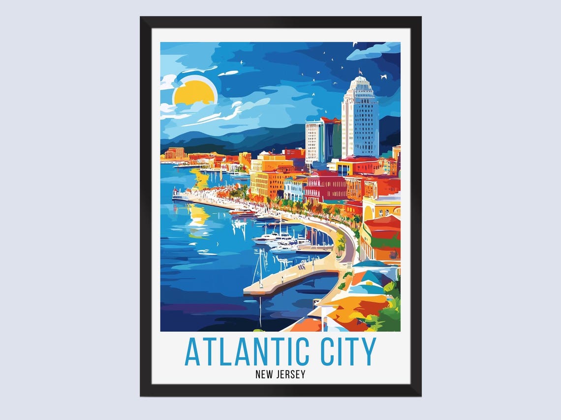 Atlantic City New Jersey Travel Poster Marina Skyline Sunset Art