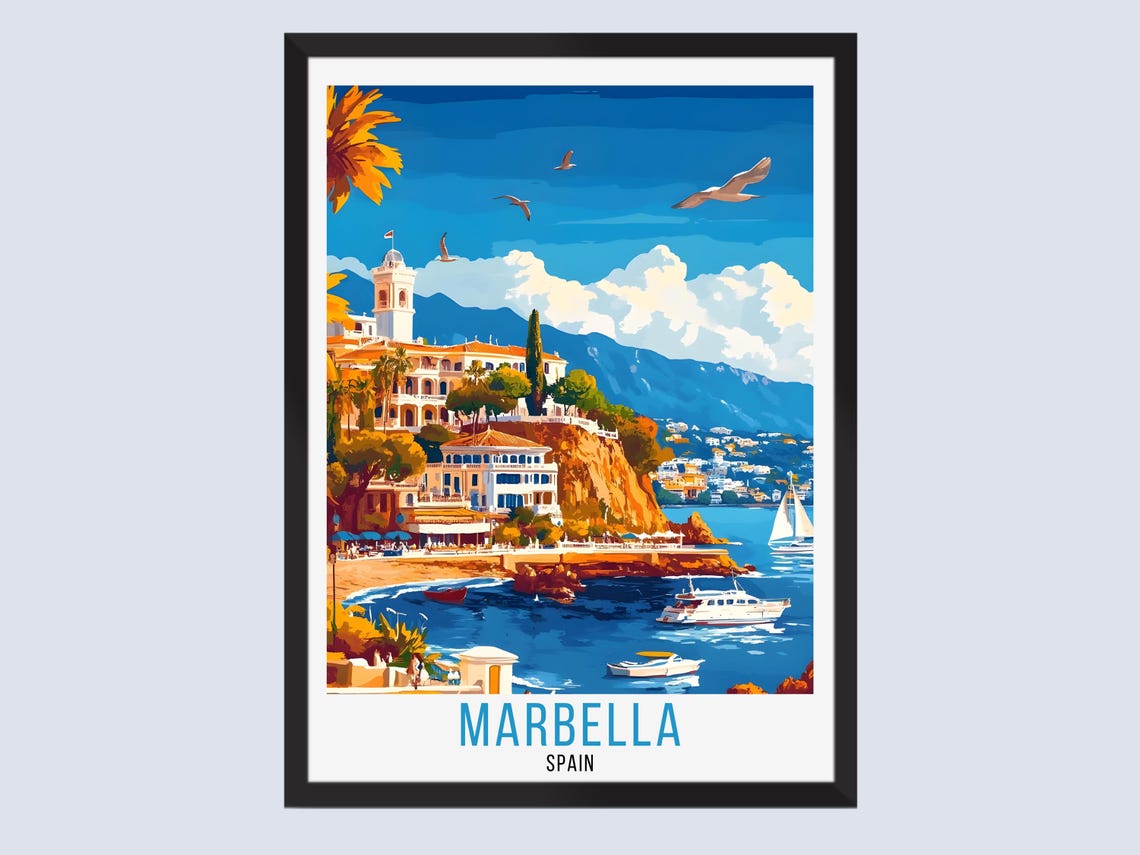 Marbella Spain Cliffside Villas Boats Seagulls Coastal Travel Poster