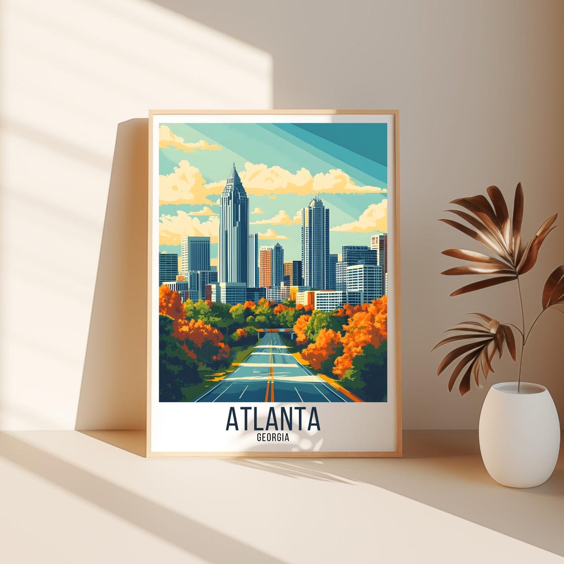 Atlanta Georgia Downtown Skyline Autumn Road Scene Vintage Poster