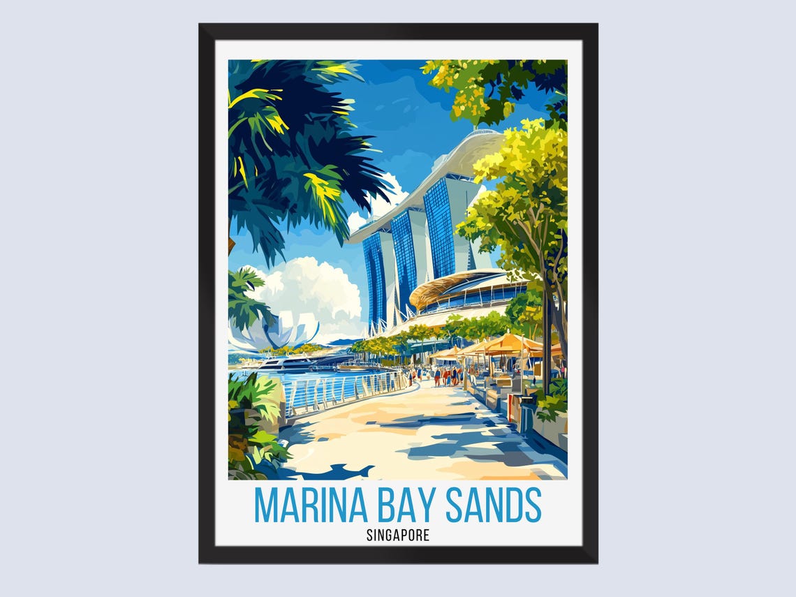 Marina Bay Sands Singapore Promenade Retro Skyline Travel Poster