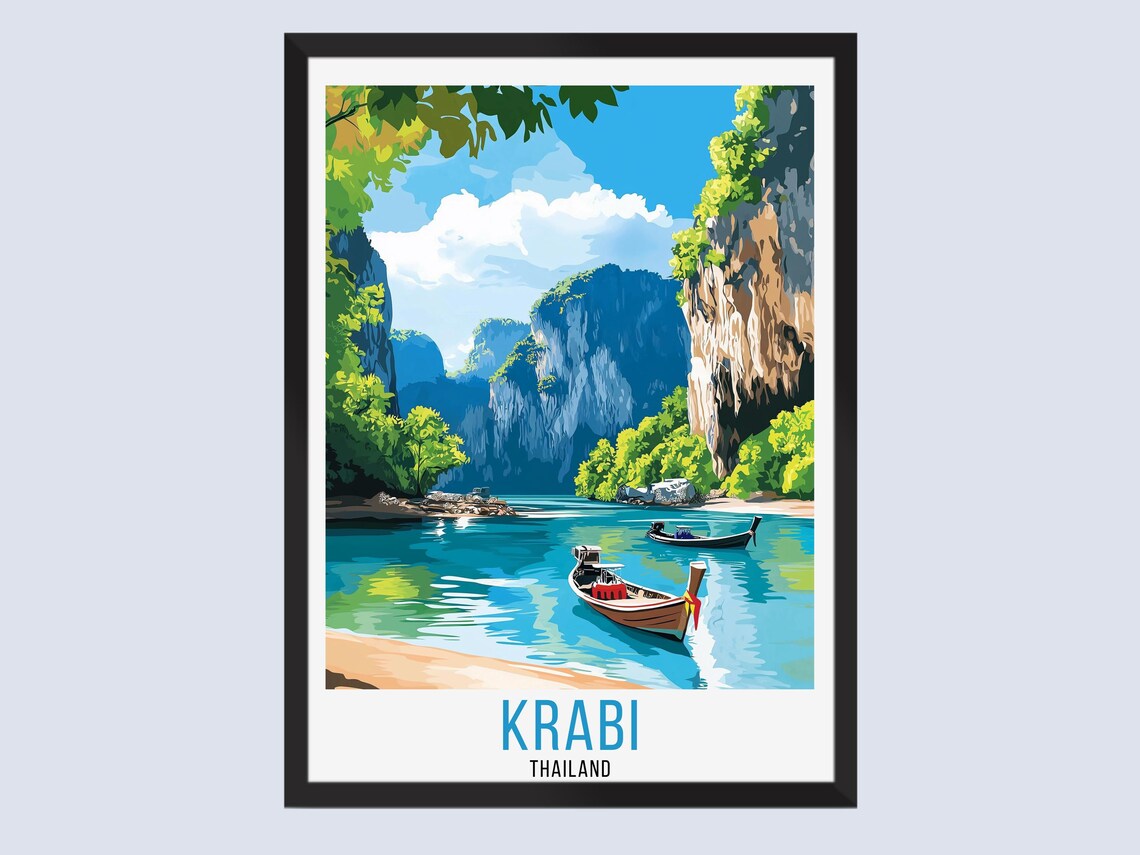 Krabi Thailand Limestone Cliffs Longtail Boat Beach Travel Poster