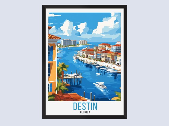 Destin Florida Travel Poster Retro Harbor Marina Boats Beach Town Art