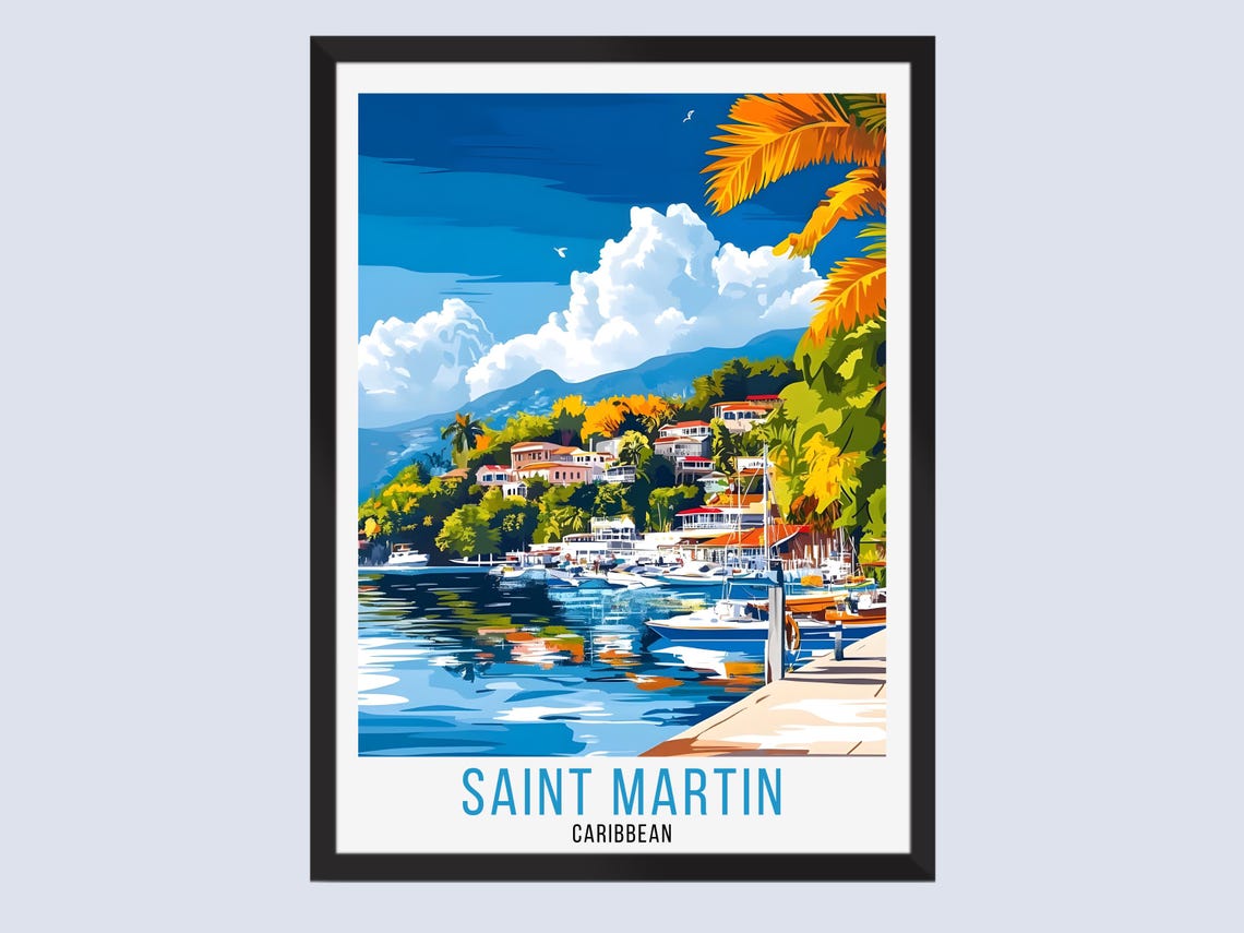 Saint Martin Caribbean Sunny Marina Hillside Villas Travel Poster