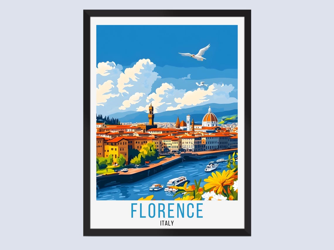 Florence Italy Duomo Cathedral Skyline River View Vintage Poster