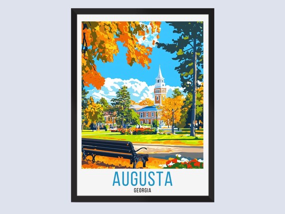 Augusta Georgia Travel Poster Autumn Park Bench Church Tower