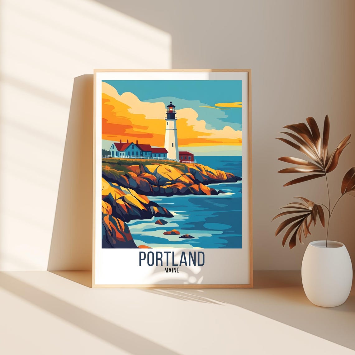 Portland Maine Lighthouse Sunset Rocky Coast Scene Vintage Poster
