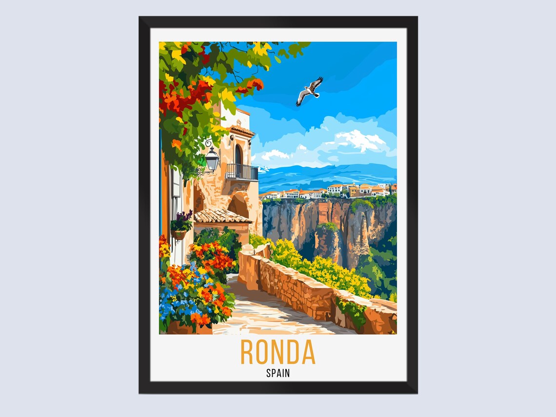 Ronda Spain Sunny Old Town Street Cliff Edge View Travel Poster