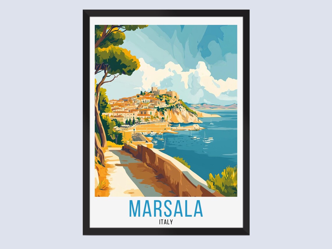 Marsala Italy Vintage Travel Art Hilltop Coastal Village Poster