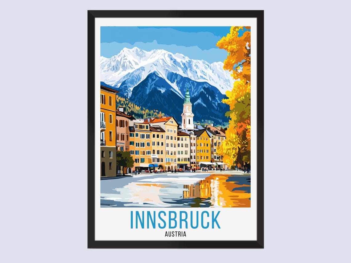 Innsbruck Austria Alpine Old Town Winter Riverside Travel Poster