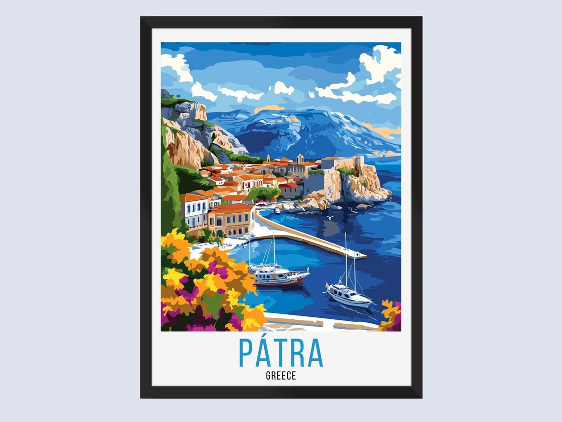 Patra Greece Vintage Travel Art Cliffside Harbor Town Poster