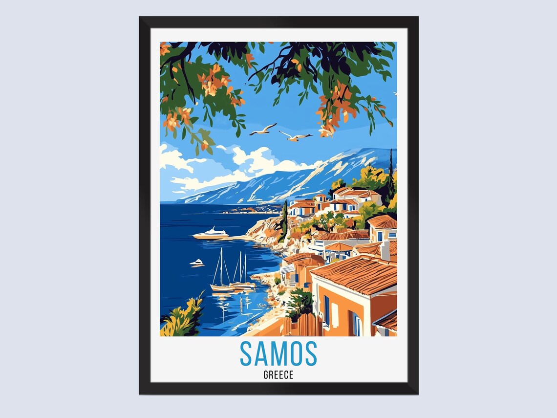 Samos Greece Vintage Travel Poster With Coastal Village And Sailboats