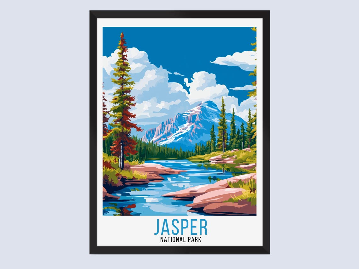 Jasper National Park Canada Mountain Lake Pine Travel Poster