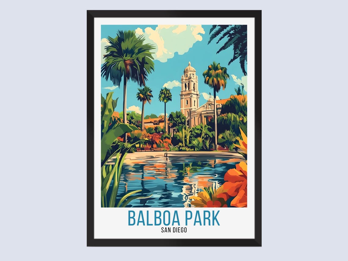 Balboa Park San Diego Palms Reflection Pond Vintage Travel Poster