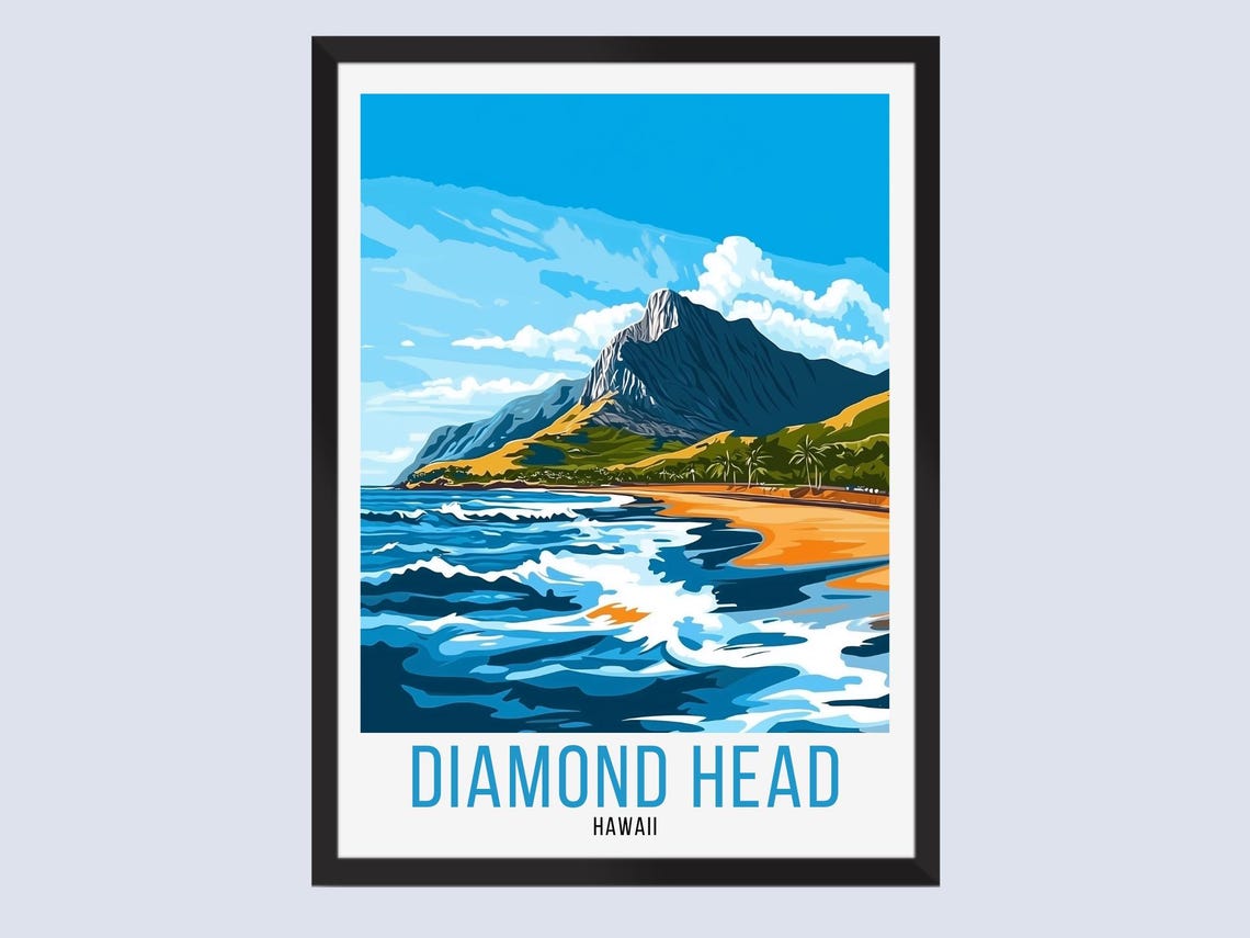 Diamond Head Hawaii Rolling Ocean Waves Classic Vintage Travel Poster