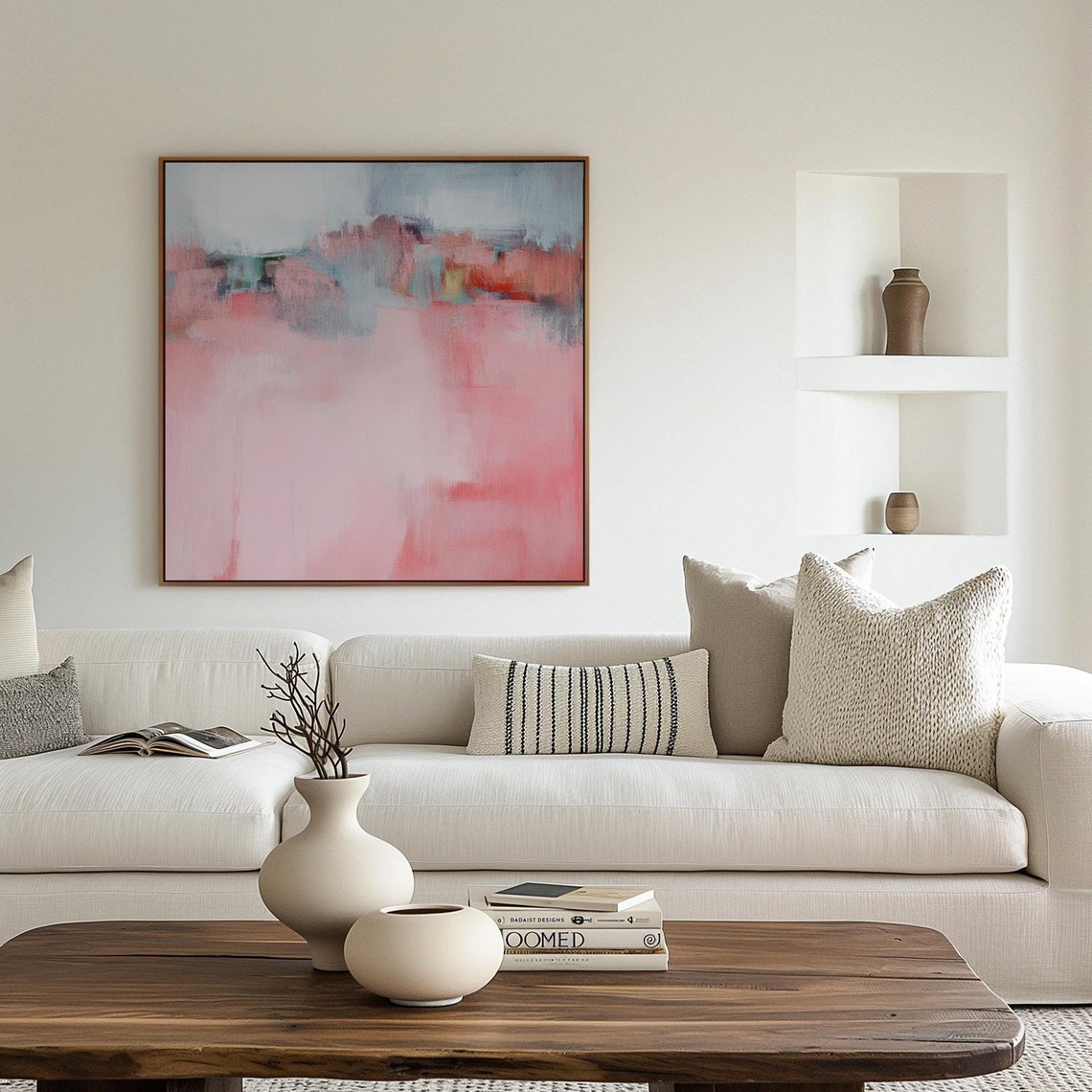 Soft Blush Pink Blue And Coral Wash Abstract Statement Wall Art