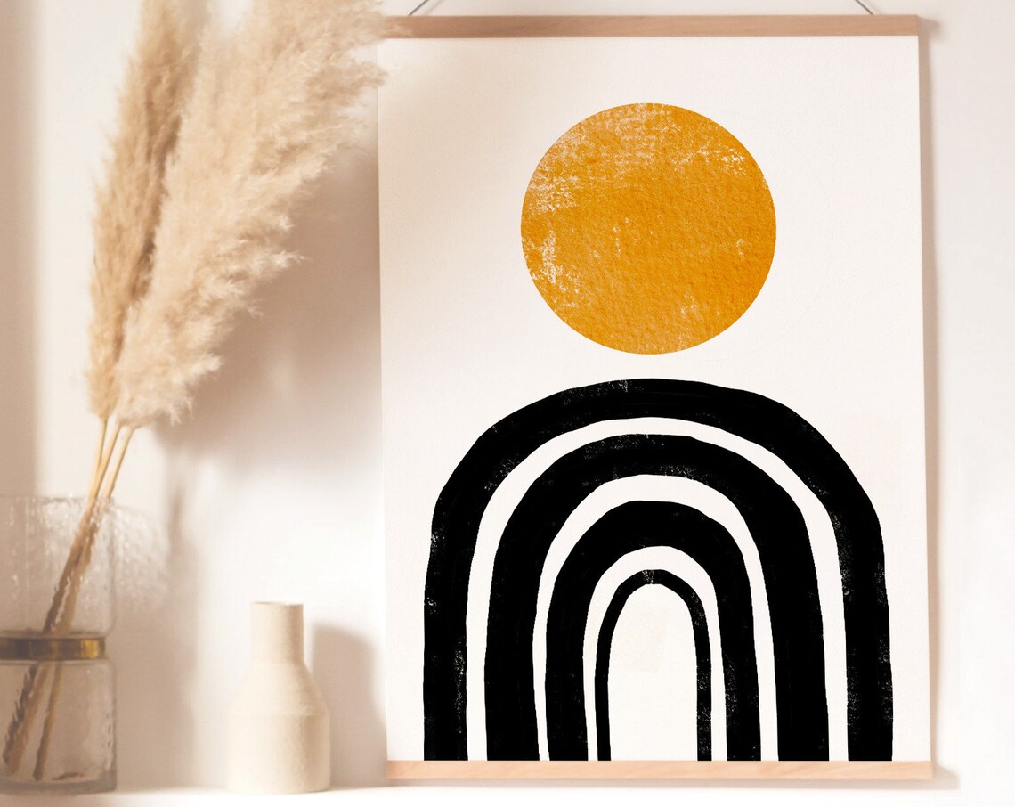 Ochre Sun Over Black Layered Arches Boho Minimalist Poster Decor