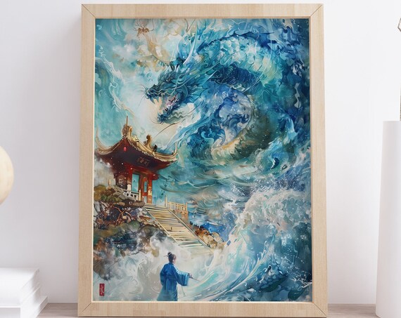 Artistic Waterbender Painting Wall Art Instant Vibrant Blue Dragon Artwork Modern Japanese Wall Art Unique Room Decor