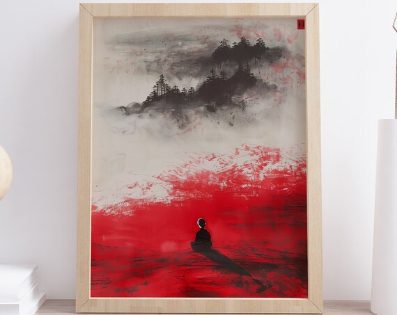 Red And Black Minimalist Figure Abstract Japanese Art Poster