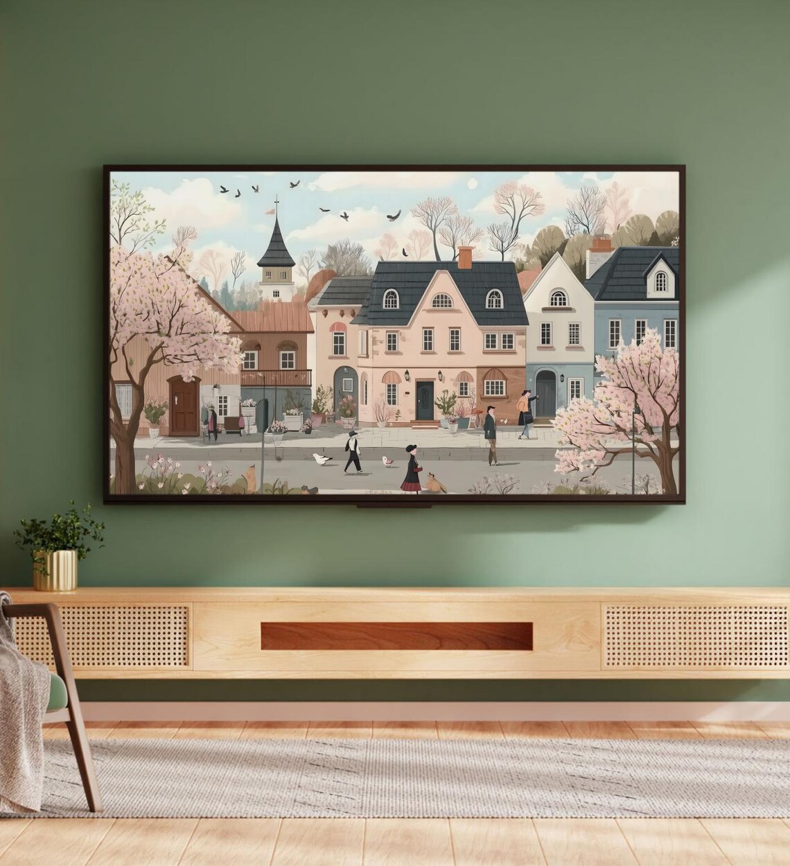Pink Cherry Blossom Village Street Spring European Town Art Poster - Image 5
