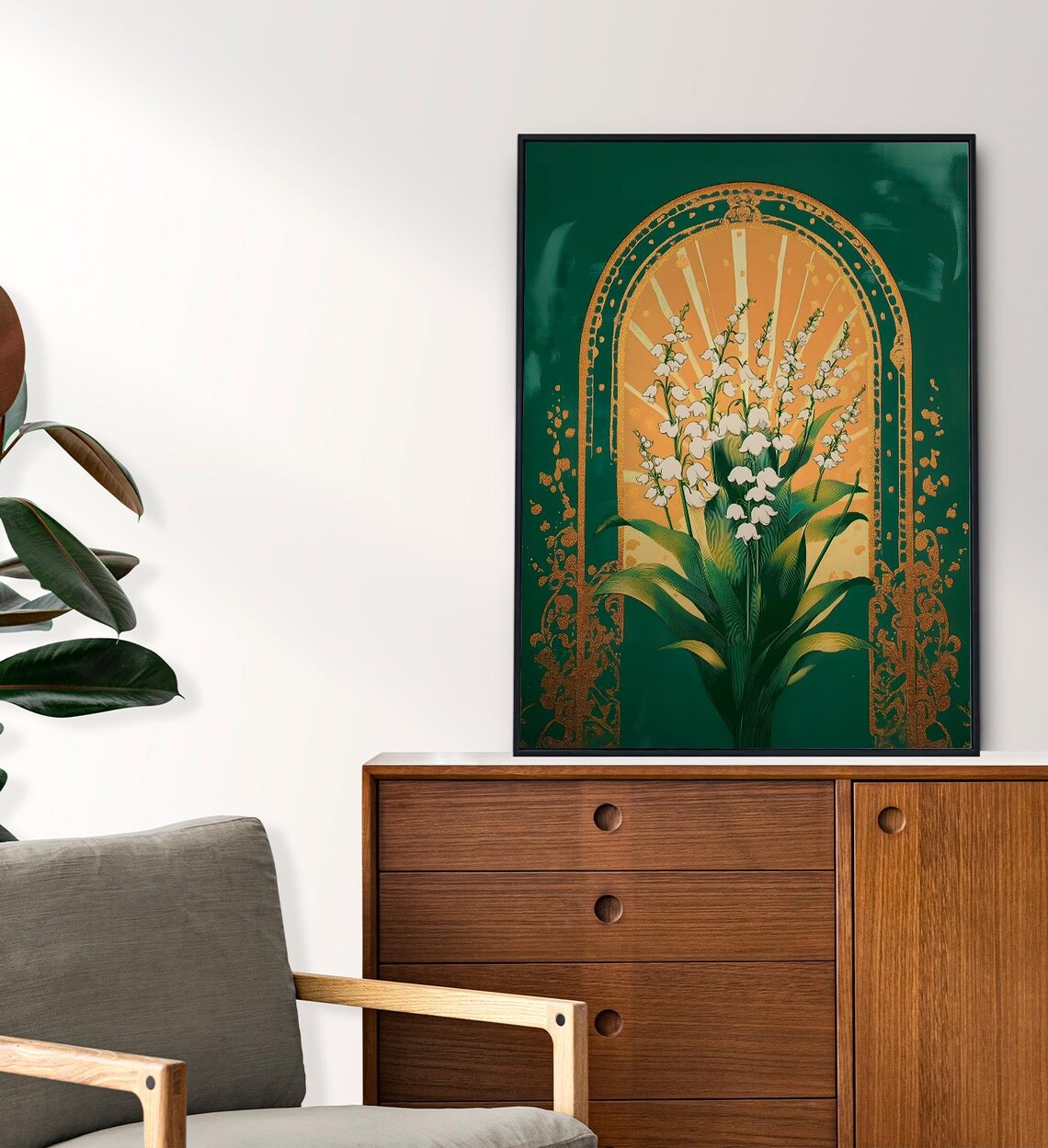 Lily Of The Valley Emerald Green Gold Sunburst Botanical Art Poster - Image 6
