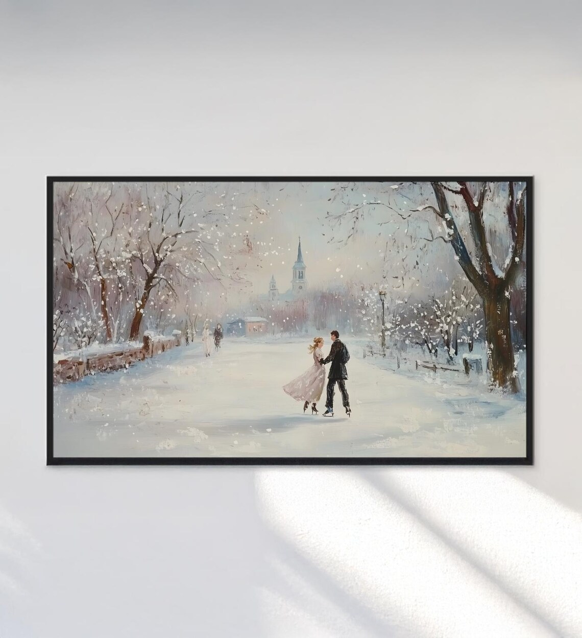 Vintage Couple Ice Skating Snowy Winter Park Scene Painting Poster - Image 3