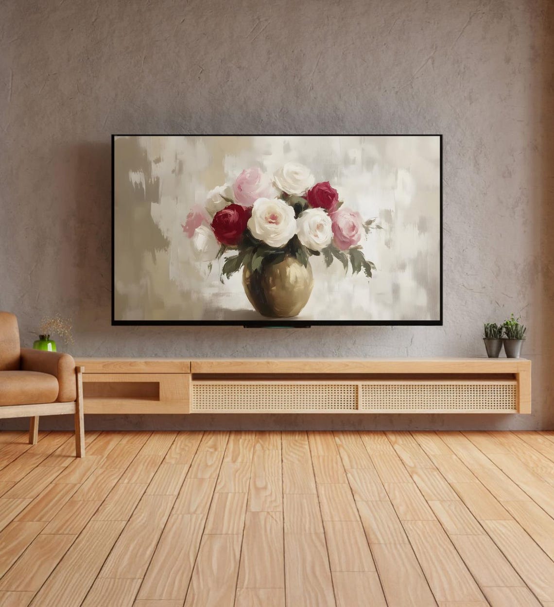 Red Pink White Roses Gold Vase Impressionistic Floral Art Poster - Image 4