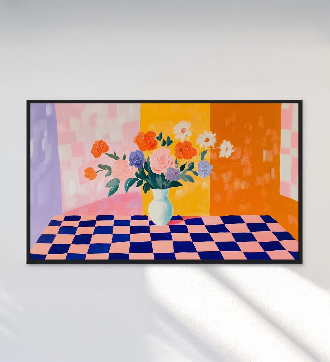 Colorful Flowers Vase Checkered Table Bold Modern Still Life Poster - Image 3