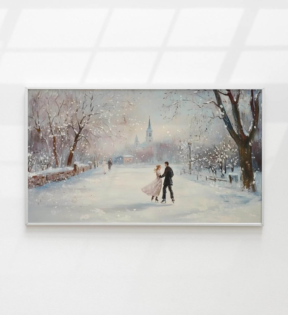 Vintage Couple Ice Skating Snowy Winter Park Scene Painting Poster