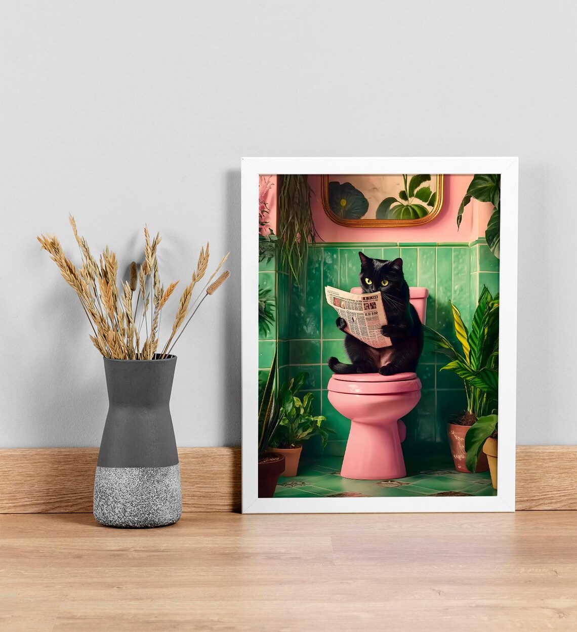 Funny Black Cat Reading Newspaper On Pink Toilet Bathroom Wall Art Poster - Image 3