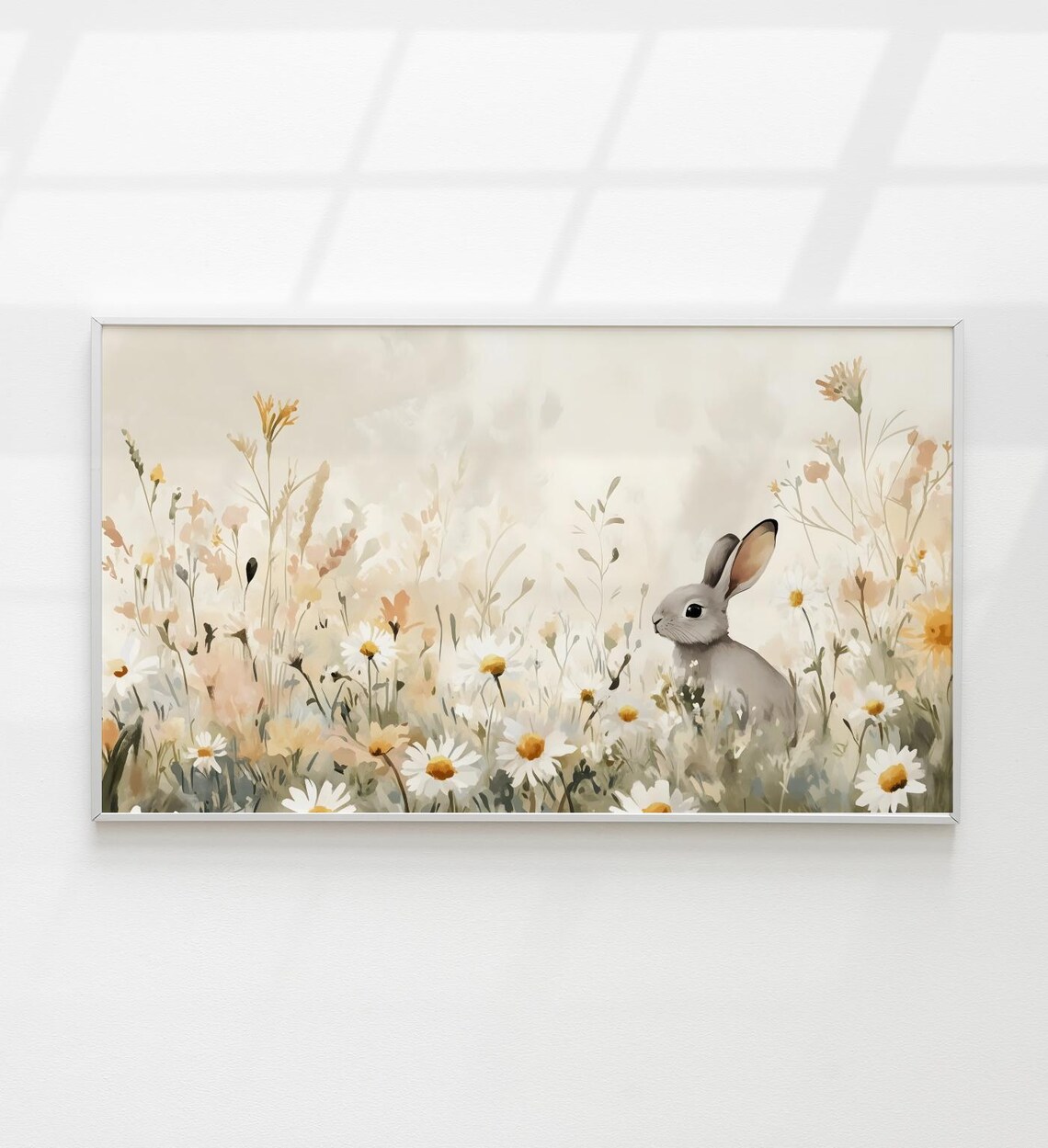 Gray Bunny Daisies Wildflower Meadow Watercolor Nursery Art Poster