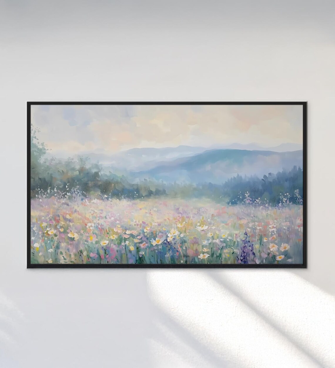 Pastel Wildflower Meadow Misty Mountains Spring Landscape Art Poster - Image 3