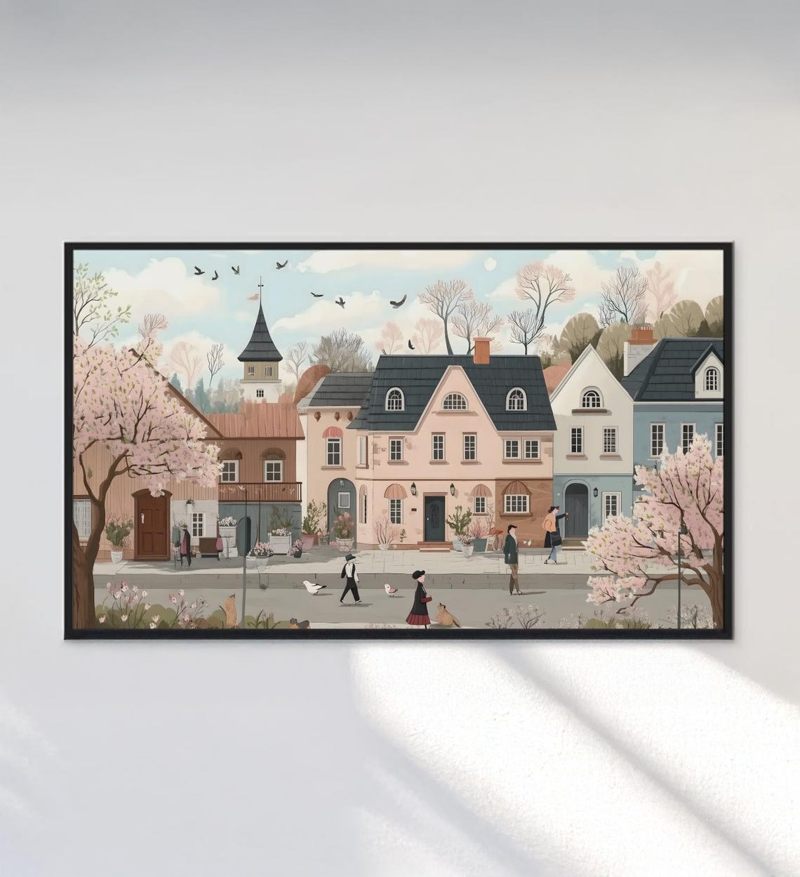 Pink Cherry Blossom Village Street Spring European Town Art Poster - Image 3