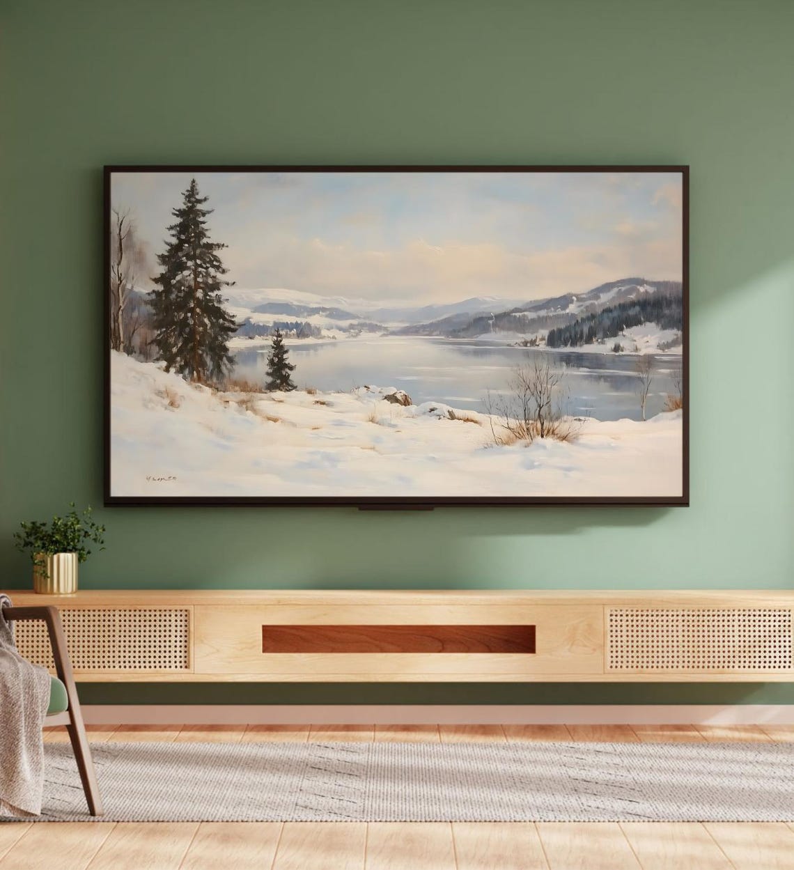 Vintage Winter Lake Snowy Pine Forest Mountains Landscape Art Poster - Image 5