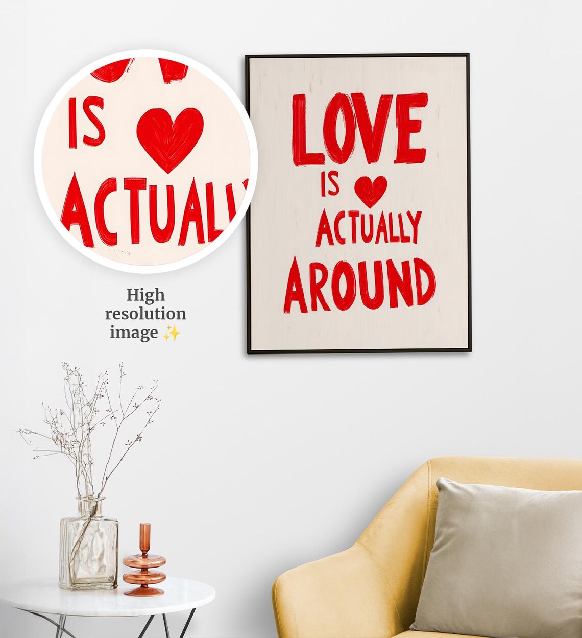 Love Is Actually Around Red Hand Lettered Quote Heart Art Print Poster - Image 4