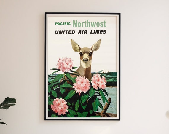 Retro Travel Poster Pacific Northwest Deer Wall Art Vintage Print Home Decor Midcentury Modern
