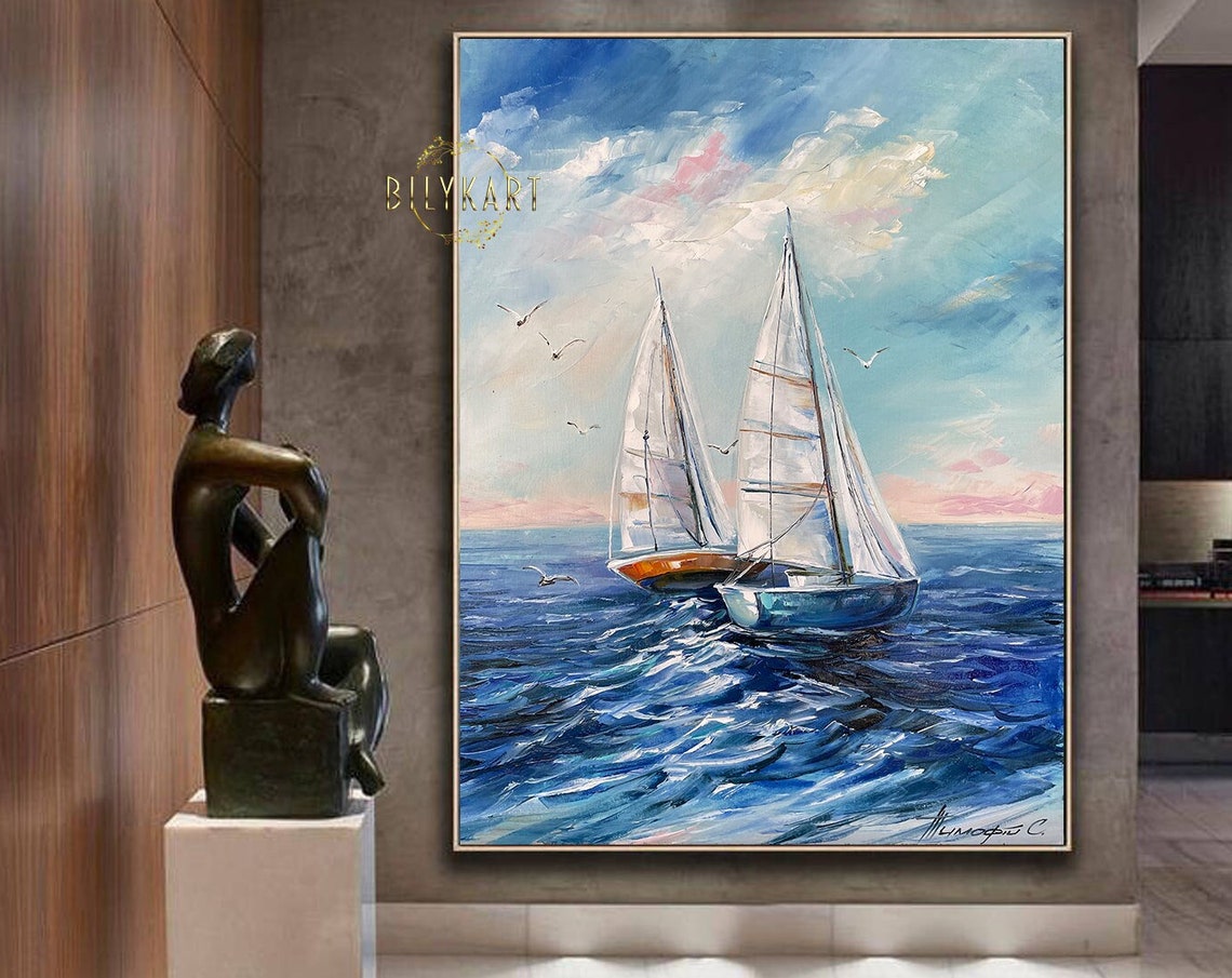 Sailboat Painting Blue Ocean Oil Painting On Original Ship Art Seascape White Blue Painting Nautical Painting Sailing Boat Wall Art - Image 3